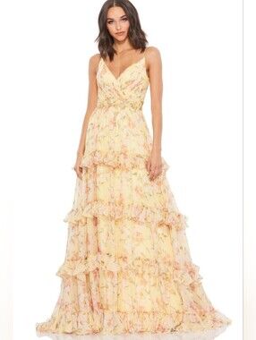 Mac Duggal 67794M Yellow Floral Ruffled Tiered Maxi Dress Size 6